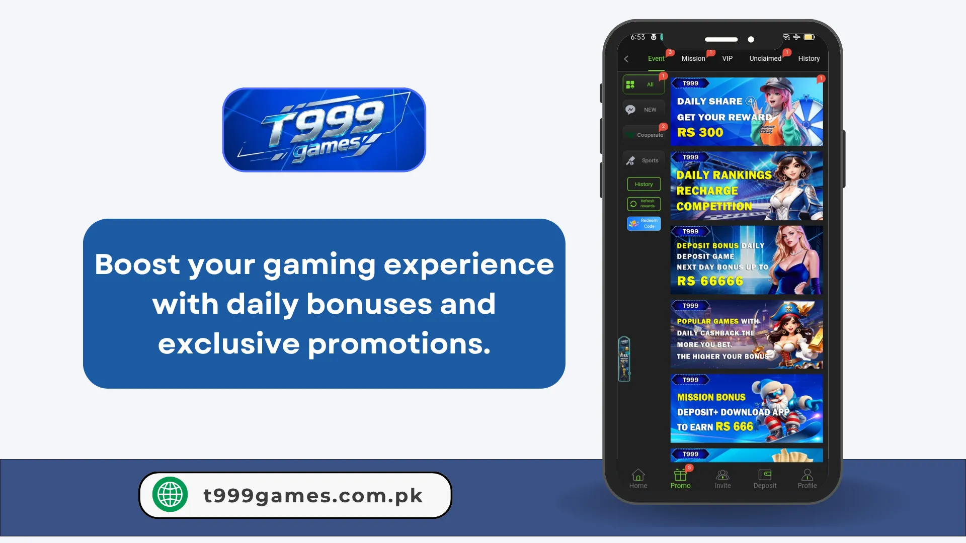 T999 Game daily rewards and promotional offers screen.