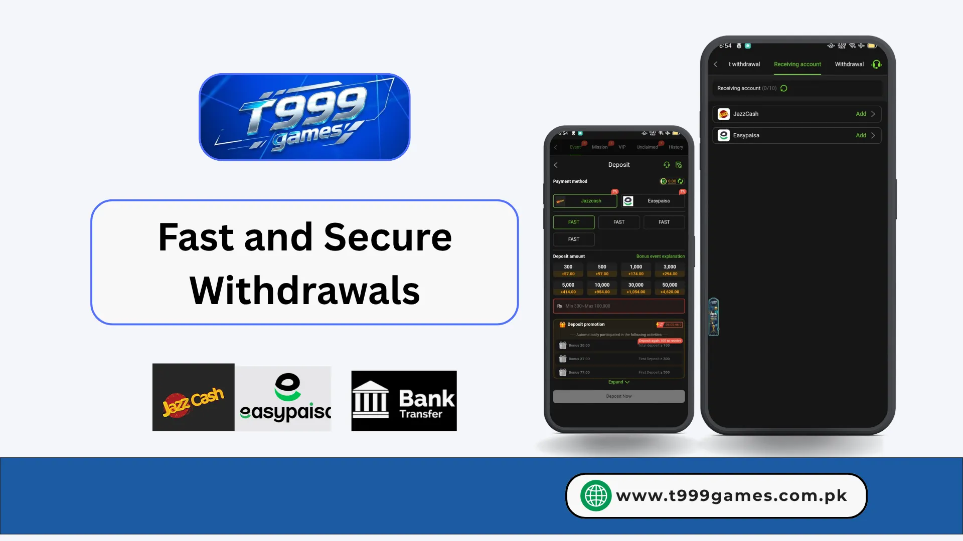 T999 Game payment methods with JazzCash and Easypaisa.
